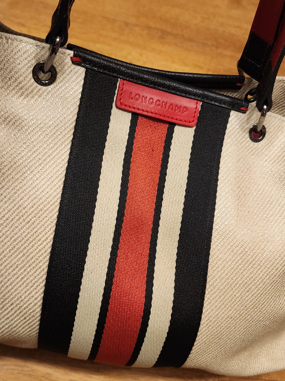 Longchamp Beige Canvas Tote with Black and Red Stripe - Picture 6 of 14